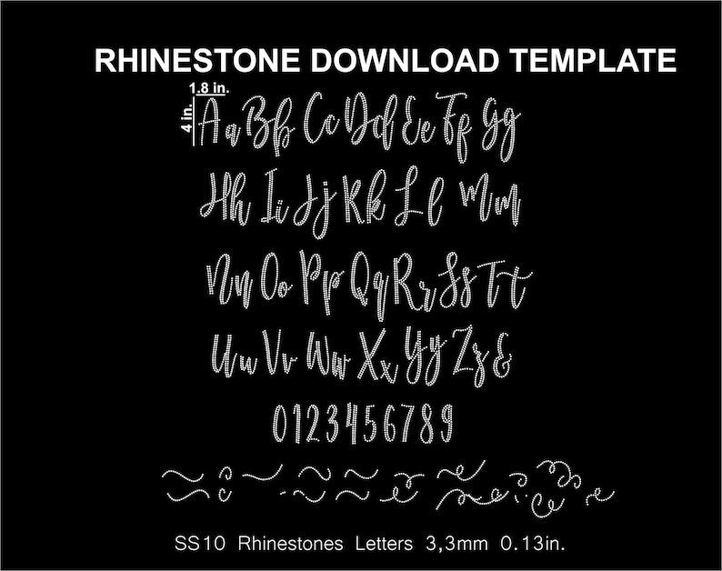 May include: A black and white image showing a rhinestone alphabet template with uppercase and lowercase letters, numbers, and symbols. The template is for SS10 rhinestones, which are 3.3mm or 0.13 inches in size.