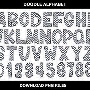 May include: A full alphabet and numbers set in a doodle style. The letters and numbers are outlined in black and filled with a gray and white chevron pattern. The words "DOODLE ALPHABET" and "DOWNLOAD PNG FILES" are at the top and bottom.