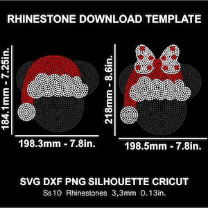 May include: A black background with two rhinestone templates. One is a Santa hat on a Mickey Mouse head, 7.25 inches tall and 7.8 inches wide. The other is a Minnie Mouse head with a bow and Santa hat, 8.6 inches tall and 7.8 inches wide. Text: Rhinestone Download Template.