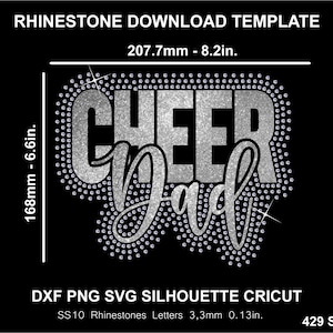 Op de afbeelding: Een zwart digitaal sjabloon met de woorden "CHEER Dad" in zilveren glitter, omlijnd met kleine strass steentjes. Het sjabloon is 207,7 mm breed en 168 mm hoog. Het ontwerp bevat DXF-, PNG-, SVG- en Silhouette Cricut-bestanden.