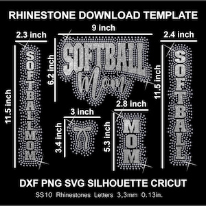 Peut inclure: Un modèle numérique noir avec des motifs de strass pour l'artisanat. Le design comprend les mots "SOFTBALL Mom" et "SOFTBALL" en disposition verticale, avec des mesures en pouces. Le modèle est pour DXF, PNG, SVG et Silhouette Cricut.