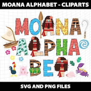 May include: A vibrant Moana-themed alphabet clip art set. Each letter is adorned with patterns and illustrations inspired by the film. The image includes the text "MOANA ALPHABET - CLIPARTS" and "SVG AND PNG FILES", suitable for digital projects.