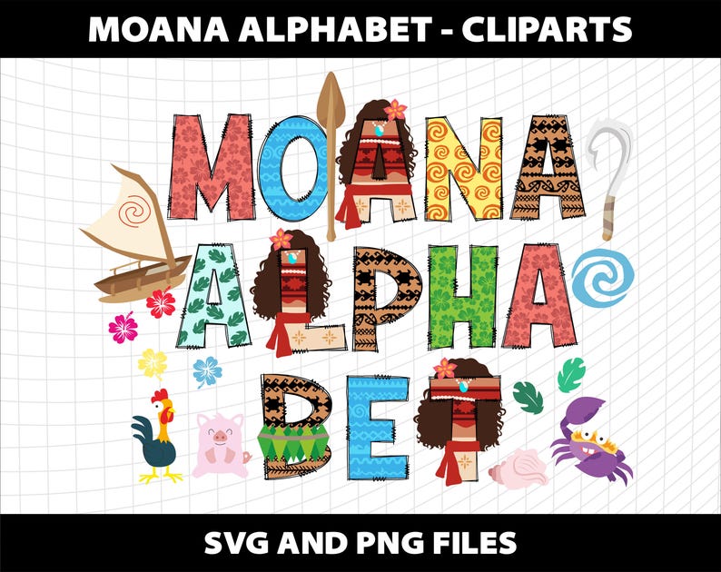 May include: A vibrant Moana-themed alphabet clip art set. Each letter is adorned with patterns and illustrations inspired by the film. The image includes the text "MOANA ALPHABET - CLIPARTS" and "SVG AND PNG FILES", suitable for digital projects.