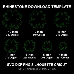 May include: A digital download template for creating rhinestone designs of four-leaf clovers in various sizes, ranging from 4 to 10 inches. The template includes SVG, DXF, and PNG file formats, and is compatible with Cricut machines. The template is designed for use with SS10 rhinestones, which are 3.3mm in diameter.