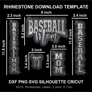 Puede incluir: Una plantilla digital negra para diseños de pedrería. El diseño incluye las palabras "BASEBALL Mom" en una fuente de estilo pedrería, junto con la palabra "BASEBALL" repetida verticalmente. Medidas en cm.