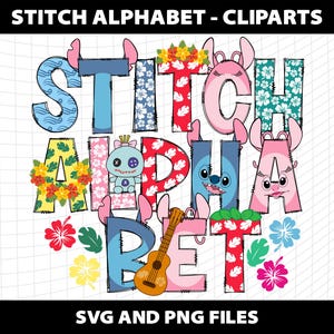 Stitch Svg Png Cliparts Doodle Letras Alfabeto Fonte Pacote Sublimação Festa de Aniversário Design Download Arquivo Digital Modelo Lilo Stitch