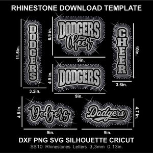 May include: A digital rhinestone download template featuring the text Dodgers and Cheer in various layouts. The designs are silver-toned with visible dimensions in inches, including 11.5 by 3.2, 6.9 by 9, 10 by 3.6, 4.9 by 9, 4.8 by 9, and 4.7 by 9 inches.