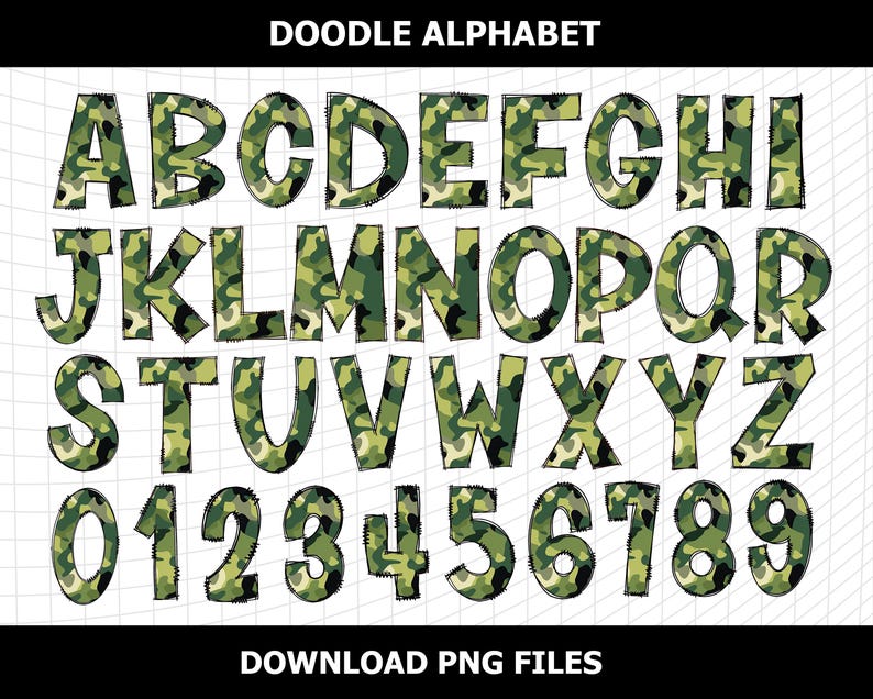 May include: A full alphabet and number set in a doodle style. The letters and numbers are filled with a green, brown, and tan camouflage pattern. The text "DOODLE ALPHABET" is at the top, and "DOWNLOAD PNG FILES" is at the bottom.