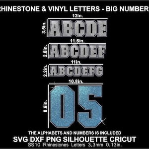 May include: Rhinestone and vinyl letters and big numbers with text RHINESTONE & VINYL LETTERS - BIG NUMBERS, THE ALPHABETS AND NUMBERS IS INCLUDED, SVG DXF PNG SILHOUETTE CRICUT, SS10 RHINESTONES LETTERS 3.3mm 0.13in. Dimensions are 12in by 3.5in, 11.6in by 2.8in, 11in by 2.2in, and 10.8in by 8.6in.