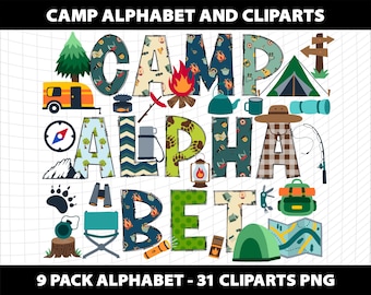 Camp Alphabet Letters Cliparts Png Doodle Camping Outdoor Nature Spring Fall Font Bundle Sublimation Design Download Digital File Template