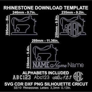Puede incluir: Gráfico negro con plantillas de máquina de coser de pedrería. Incluye medidas en milímetros: 246mm x 205mm, 235mm x 250mm y 289mm x 238mm. También incluye alfabetos y formatos de archivo: SVG, CDR, DXF, PNG y Silhouette Cricut.