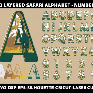 3D Layered Safari Svg Alfabeto Carta Taglio Laser Modello Nursery Decor Bambini Camera dei bambini Lettere Font Silhouette Cricut Dxf File digitale
