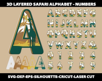 3D Layered Safari Svg Alphabet Paper Laser Cutting Template Decor Children Kids Room Letters Font Silhouette Cricut Dxf Digital File