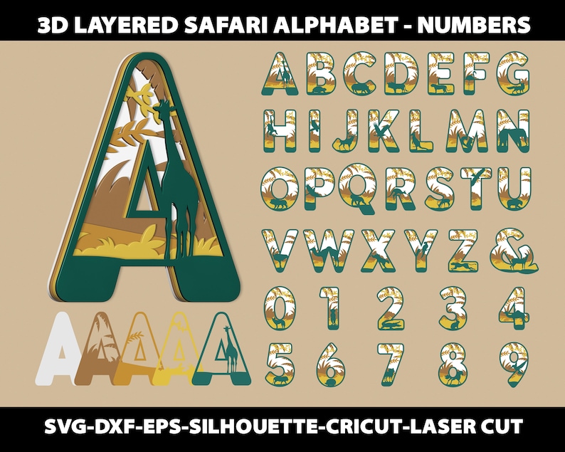 Puede incluir: Alfabeto y n&uacute;meros de safari en 3D en capas de color verde, marr&oacute;n y amarillo. Las letras y los n&uacute;meros est&aacute;n en capas con un dise&ntilde;o de animales de safari dentro de cada letra. Las letras son de la A a la Z y los n&uacute;meros del 0 al 9. El texto "SVG-DXF-EPS-SILHOUETTE-CRICUT-LASER CUT" est&aacute; en la parte inferior de la imagen.