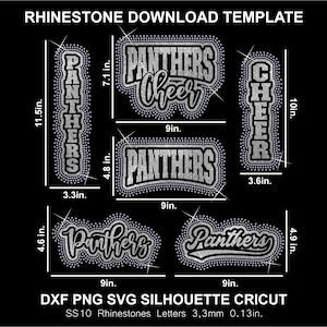 May include: A digital rhinestone download template featuring silver text designs reading Panthers and Cheer. The graphic includes various layouts with dimensions in inches, such as 11.5 by 3.3 inches and 9 by 7.1 inches, for use with DXF, PNG, SVG, Silhouette, and Cricut software.