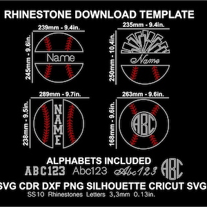 Rhinestone Baseball Softball Split Monogram Template Team Font Letters Alphabet Silhouette Cricut Svg Cutting Download Digital File SS10