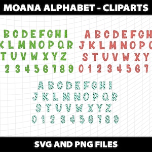 May include: A digital graphic with the text "MOANA ALPHABET - CLIPARTS". The image shows three sets of alphabet letters and numbers in green, red, and teal patterns. The bottom of the image reads "SVG AND PNG FILES".