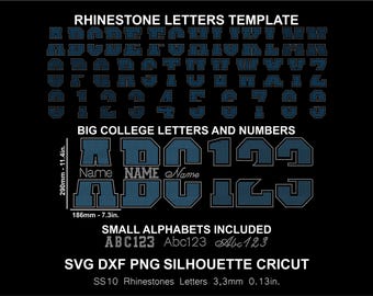 Rhinestone Font Split Big Small Alphabet Number Letters College Sports Silhouette Cricut Svg Png Cutting Template Download Digital File SS10