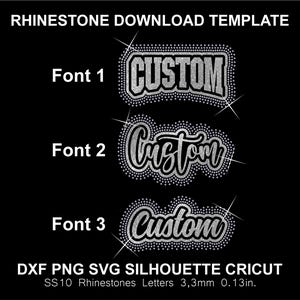Könnte beinhalten: Eine digitale Strass-Download-Vorlage mit drei Variationen des Wortes CUSTOM in verschiedenen Schriftarten, jeweils umrandet mit funkelnden silbernen Punkten. Der Text enthält RHINESTONE DOWNLOAD TEMPLATE, DXF PNG SVG SILHOUETTE CRICUT und SS10 Rhinestones Letters 3,3mm 0,13in.