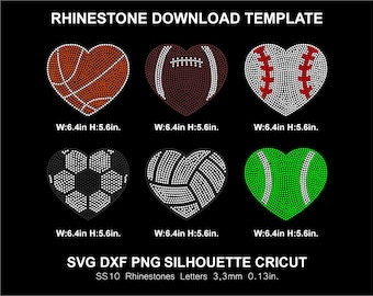 Rhinestone Heart Ball Silhouette Cricut Svg Football Basketball Baseball Volleyball Softball Soccer Cutting Template Download Digital File