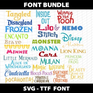Font Bundle 28 SVG TTF Canva Cricut Cutting Tangled Moana Stitch Cars Princess Frozen Fancy Mulan Birthday Invitation Download Digital File