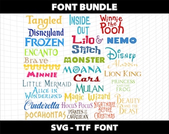 Font Bundle 28 SVG TTF Canva Cricut Cutting Tangled Moana Stitch Cars Princess Frozen Fancy Mulan Birthday Invitation Download Digital File