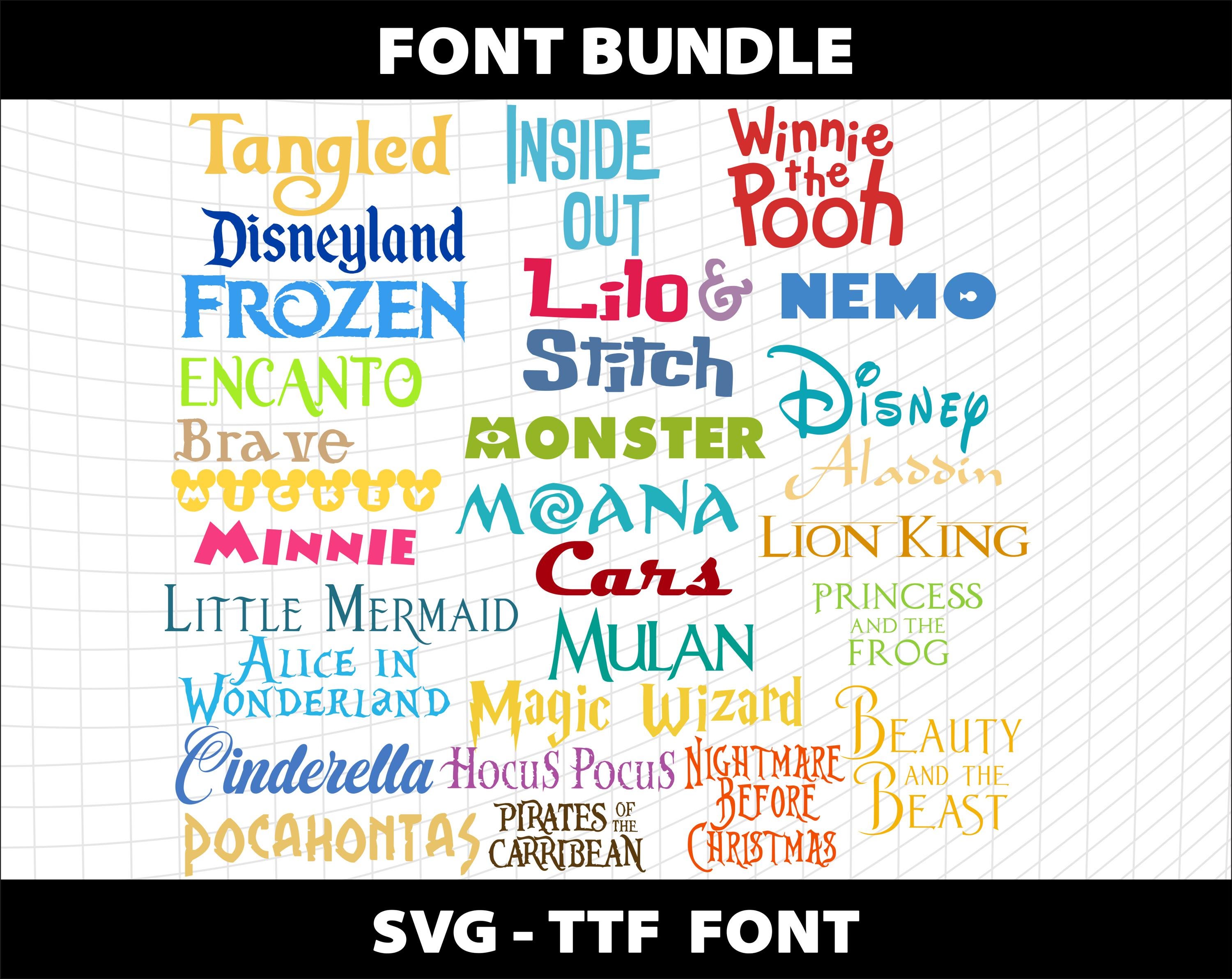 Lettertypebundel 28 SVG TTF Canva Cricut snijden verwarde Moana Stitch Cars Princess Frozen Fancy Mulan verjaardagsuitnodiging download digitaal bestand