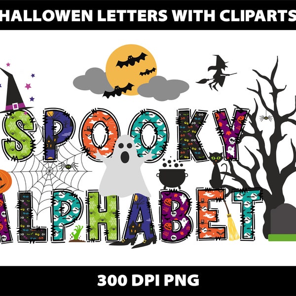 Halloween Doodle Font Alphabet Letters Sublimation Spooky Scary Horror Hocus Pocus Shirt Design Font Template Download Cutting Digital File
