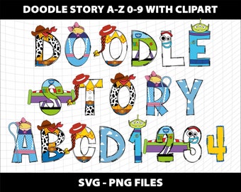 Story Doodle Letters Alphabet Font Svg Png Clipart Bundle Dtf Sublimation Birthday Party Design Download Digital File Printable Toy Template