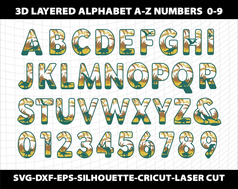3D-lager dinosaurie Svg alfabet papper laserskuren mall dekor barn barnrum bokstäver typsnitt silhuett Cricut Dxf digital fil bild 2
