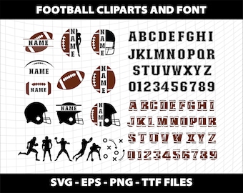 Op de afbeelding: Een set met voetbalthema clipart en lettertypeontwerpen. De clipart bevat voetballen, helmen en spelers. Het lettertype bevat hoofdletters, cijfers en verschillende decoratieve elementen. De ontwerpen zijn in zwart en bruin op een witte achtergrond.