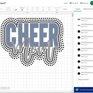 May include: A digital design featuring the words "CHEER Mom" in a layered design. The word "CHEER" is in a light blue color, outlined with black dots. The word "Mom" is in a cursive font, in a gray color.