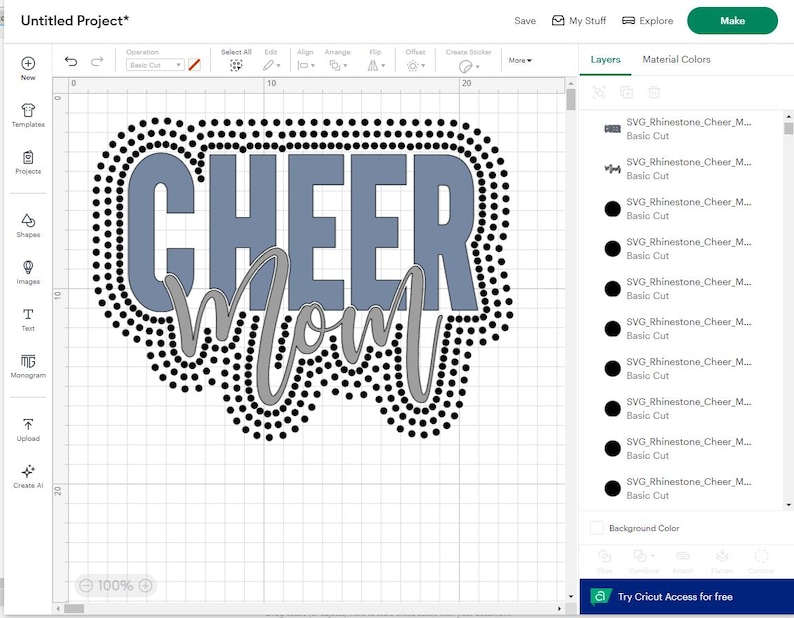 May include: A digital design featuring the words "CHEER Mom" in a layered design. The word "CHEER" is in a light blue color, outlined with black dots. The word "Mom" is in a cursive font, in a gray color.
