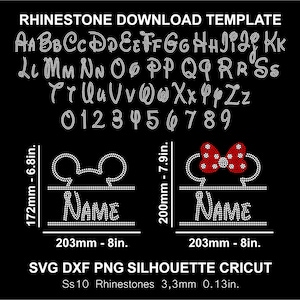 Puede incluir: Plantilla digital negra para diseños de pedrería. Incluye el alfabeto, números y dos plantillas de diseño: una cabeza de Mickey Mouse y un lazo de Minnie Mouse. Las plantillas miden 203 mm de ancho y 172 mm a 200 mm de alto. El texto dice "RHINESTONE DOWNLOAD TEMPLATE".