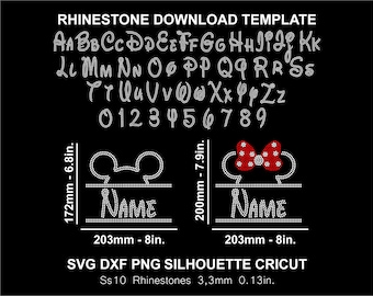 May include: Black digital template for rhinestone designs. Includes the alphabet, numbers, and two design templates: a Mickey Mouse head and a Minnie Mouse bow. The templates are 8 inches wide and 6.8 to 7.9 inches tall. The text reads "RHINESTONE DOWNLOAD TEMPLATE".