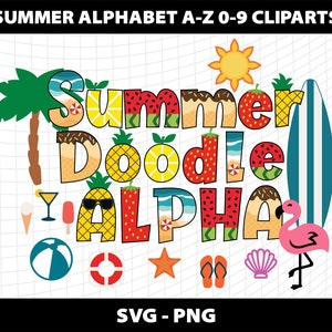 Letras del alfabeto de verano, imágenes prediseñadas, playa, helado, sandía, fresa, limón, piña, fruta, paquete, diseño, descarga, archivo digital