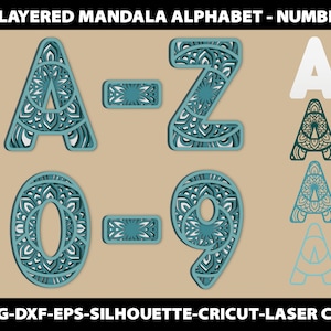 Alphabet Svg mandala en couches 3D 1 2 3 4 5 6 7 8 9 Anniversaire chiffres lettres signe police Silhouette Cricut Dxf papier découpé au laser fichier numérique