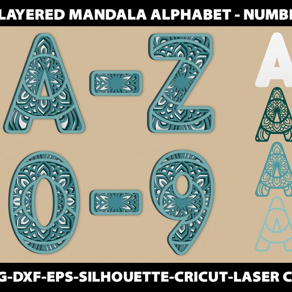 3D Layered Mandala Svg Alfabeto 1 2 3 4 5 6 7 8 9 Cumpleaños Números Letras Signo Fuente Silueta Cricut Dxf Papel Corte por láser Archivo digital
