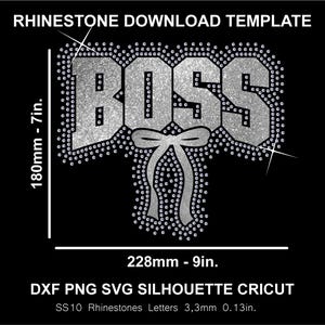 Könnte beinhalten: Eine digitale Strassvorlage auf schwarzem Hintergrund. Das Wort "BOSS" ist in silbernem Glitzer gehalten, mit einem Schleifendesign darunter. Die Vorlage misst 180 mm hoch und 228 mm breit. Der Text unten lautet "DXF PNG SVG SILHOUETTE CRICUT".