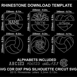 May include: Rhinestone download template for a volleyball design. The template includes three different volleyball designs, one with the word "Name" in the center, one with the letters "ABC" in the center, and one with a heart shape. The template also includes the letters "ABC123" in three different styles. The template is designed for use with SS10 rhinestones, which are 3.3mm in diameter.