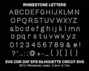 May include: A black and white image showing a font alphabet of uppercase and lowercase letters, numbers, and symbols made of rhinestones. The text "RHINESTONE LETTERS" is at the top of the image. The text "SS10 Rhinestones Letters 3.3mm 0.13in." is at the bottom of the image.