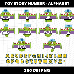 May include: A collection of colorful digital designs featuring numbers 0-9 and the alphabet, all styled after the character Buzz Lightyear from Toy Story. The numbers and letters are in a bold, playful font with a blue and yellow color scheme.