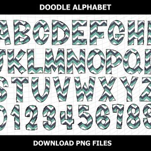 May include: Doodle alphabet and numbers in a whimsical style. Each letter and number is filled with a teal and gray chevron pattern and outlined in black. The words "DOODLE ALPHABET" and "DOWNLOAD PNG FILES" are displayed.