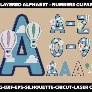 3D Layered Air Baloon Clouds Svg Alphabet Paper Laser Cut Template Nursery Decor Kids Room Letters Font Silhouette Cricut Dxf Digital File