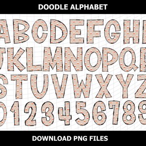 May include: A full alphabet and numbers 0-9 in a doodle style. The letters and numbers are beige with a pattern of small orange hearts. The outlines are black. The words "DOODLE ALPHABET" and "DOWNLOAD PNG FILES" are at the top and bottom.