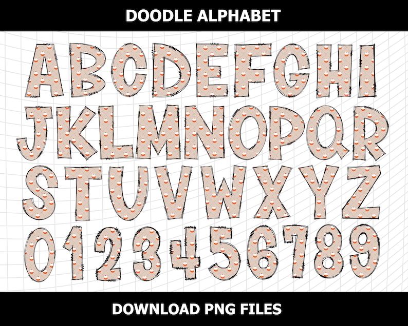 May include: A full alphabet and numbers 0-9 in a doodle style. The letters and numbers are beige with a pattern of small orange hearts. The outlines are black. The words "DOODLE ALPHABET" and "DOWNLOAD PNG FILES" are at the top and bottom.