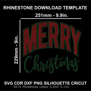 May include: A digital download template for a rhinestone design that says "Merry Christmas" in red and green. The design is 251 mm wide and 229 mm tall. The template is for use with SS10 rhinestones, which are 3.3 mm in size.