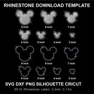 Op de afbeelding: Een digitale strass-downloadsjabloon met zilveren muiskop-silhouetten in verschillende maten van 3 tot 9 inch. De tekst luidt RHINESTONE DOWNLOAD TEMPLATE, SVG DXF PNG SILHOUETTE CRICUT en SS10 Rhinestones Letters 3,3mm 0,13in.