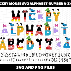 Mickey Minnie Donald Daisy Duck Svg Doodle Alfabeto Letras Fuente Mickey Familia Mundo Svg Diseño de Fiesta de Cumpleaños Descargar Archivo Digital