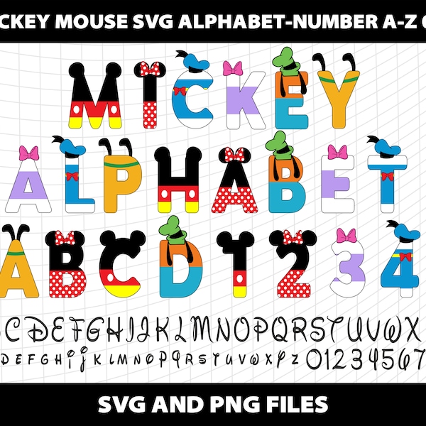 Mickey Minnie Donalt Daisy Duck Svg Alphabet lettres police Svg Sublimation Design Télécharger le fichier numérique